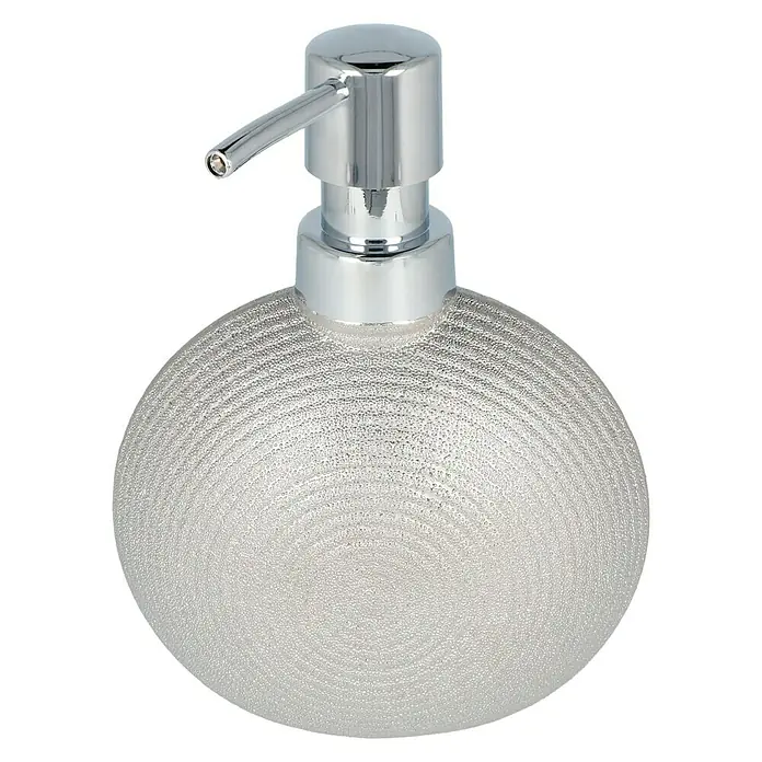 Venus Kalama Seifenspender - Steingut, Chrom - Eleganter Seifenspender in Silber mit geriffelter Oberfläche und glänzendem Chrom-Pumpkopf für stilvolle Hygiene.