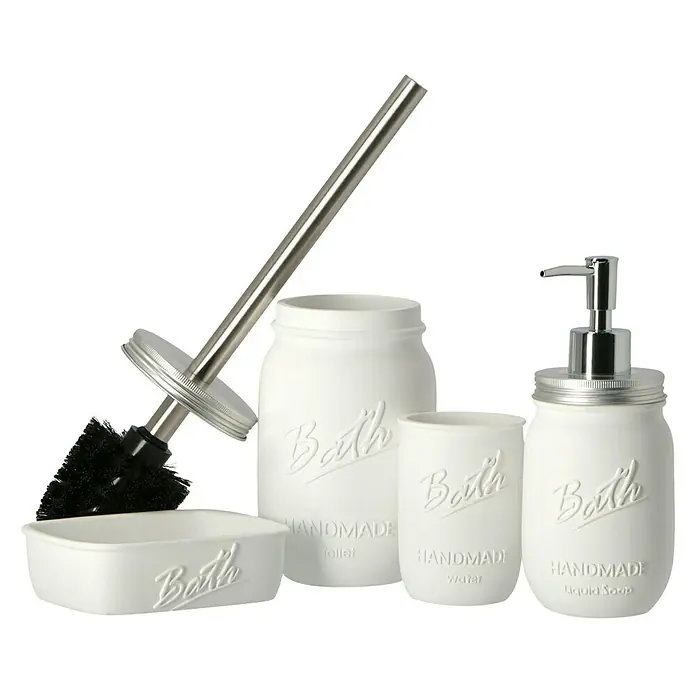 Venus Bath WC-Bürstengarnitur - Polyresin, Weiß - Badezimmer-Set aus Keramik mit Aufschrift "Bath Handmade", bestehend aus Seifenschale, Spender, Becher, Toilettenbürste und Behälter.