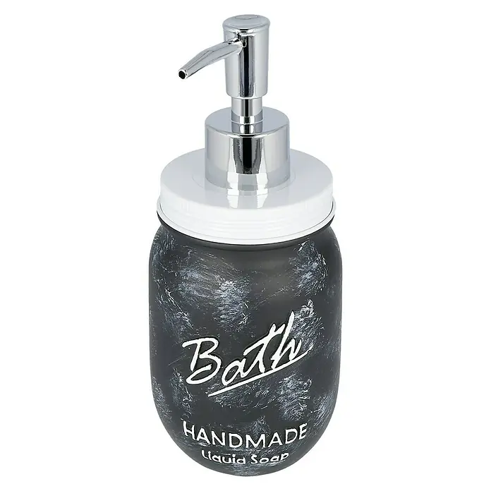 Venus Bath Seifenspender - Polyresin, Schwarz/Weiß - Grauer Seifenspender mit weißer Aufschrift "Bath Handmade Liquid Soap" und silberner Pumpe für Badezimmer oder Küche.