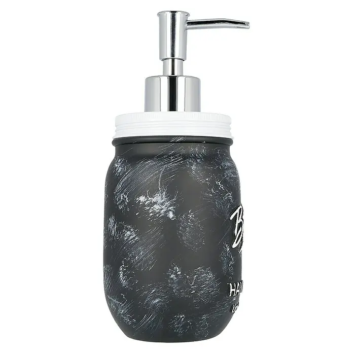 Venus Bath Seifenspender - Polyresin, Schwarz/Weiß - Ein stilvoller Seifenspender im Mason Jar Design mit silberfarbener Pumpe, ideal für Badezimmer und Küche.