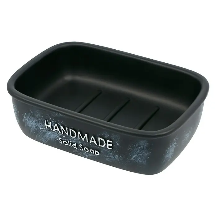 Venus Bath Seifenschale - Polyresin, Schwarz/Weiß - Schwarze Seifenschale mit der Aufschrift "Handmade Solid Soap", ideal für handgemachte Seifen und stilvolle Baddekoration.