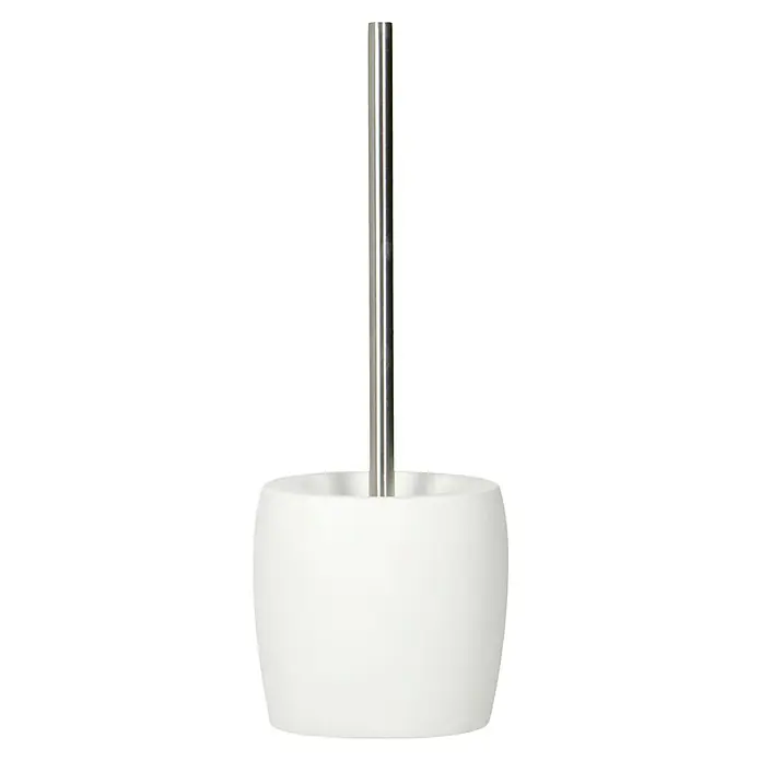 Venus Flakoni WC-Bürstengarnitur - Weiß, Polyresin - Eine moderne WC-Bürstengarnitur mit einem weißen Behälter und einem Griff aus gebürstetem Metall.