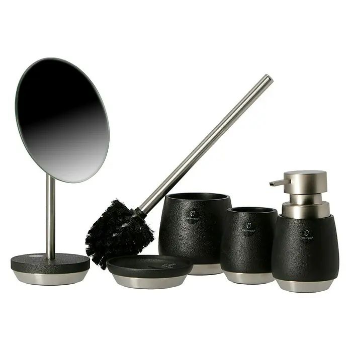 Camargue Bosse Seifenschale - Polyresin, Schwarz - Elegantes Badezimmerset in Schwarz mit Edelstahlakzenten, inklusive Spiegel, Bürste und Seifenspender für ein stilvolles Ambiente.