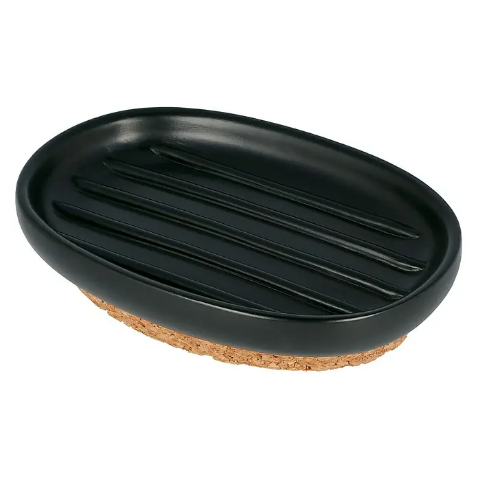 Venus Ivo Seifenschale - Polyresin, Schwarz - Elegante schwarze Seifenschale mit Korkboden. Das schlichte Design und die praktischen Rillen machen sie zum idealen Accessoire für jedes Badezimmer.