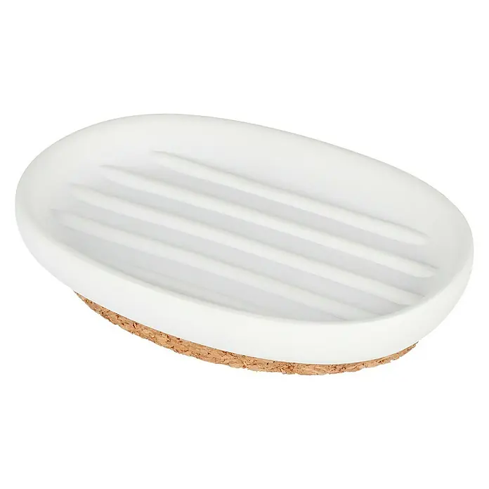Venus Ivo Seifenschale - Polyresin, Weiß - Ein ovales, weißes Seifenstück mit Korkboden, das Funktionalität und minimalistisches Design vereint. Ideal für jedes Badezimmer.