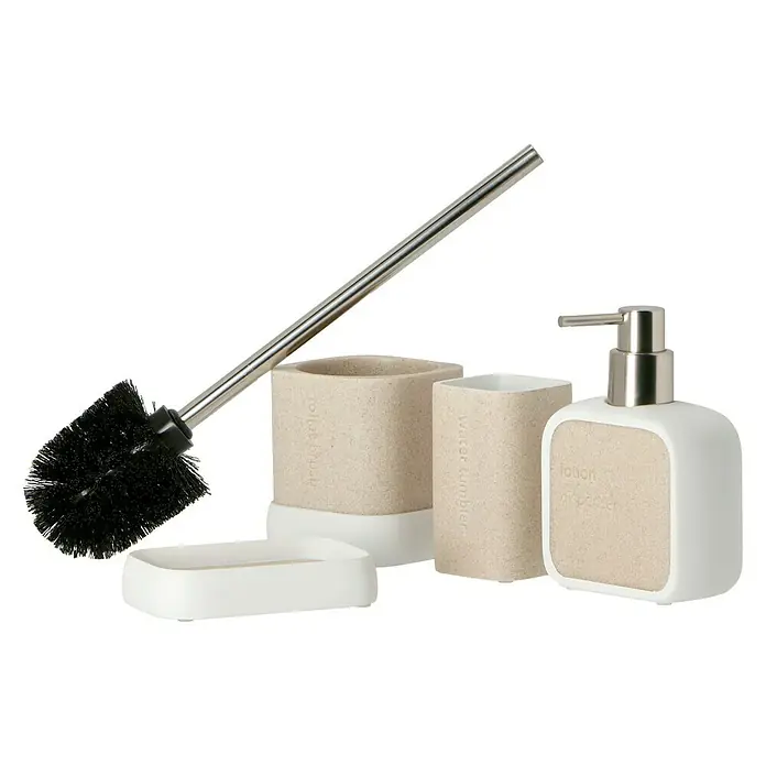 Venus Nara WC-Bürstengarnitur - Polyresin, Beige - Ein Badezimmerset mit WC-Bürste, Seifenschale, Zahnputzbecher, Wasserbecher und Seifenspender in Beige und Weiß.