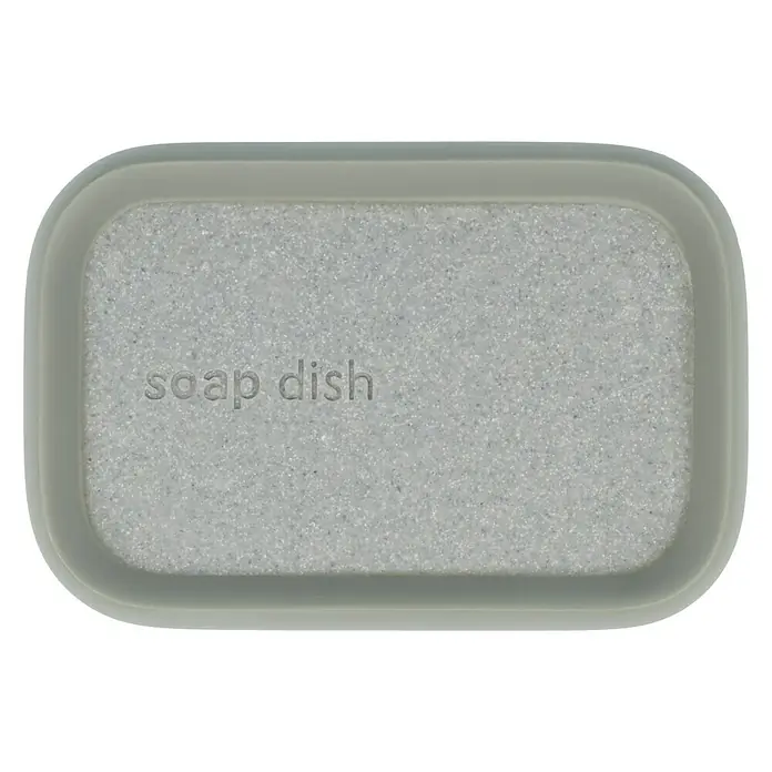 Venus Aiden Seifenschale - Polyresin, Grau - Nahaufnahme einer grauen Seifenablage mit dem Schriftzug "soap dish". Praktisch und stilvoll für jedes Badezimmer.