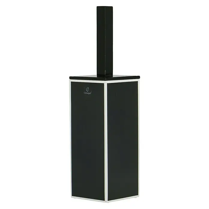 Camargue Couture WC-Bürstengarnitur - Polyresin, Schwarz/Weiß - Ein schlanker, rechteckiger Camargue-Parfümflakon mit glänzend schwarzer Oberfläche und klaren weißen Akzenten.