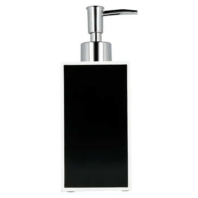 Camargue Couture Seifenspender - Klein, Polyresin, Schwarz/Weiß - Bild eines stilvollen, rechteckigen Seifenspenders in Schwarz mit glänzendem Chromaufsatz. Ideal für moderne Badezimmer, bietet Eleganz und Funktionalität.