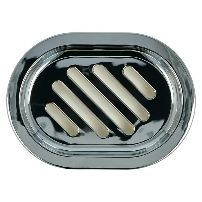Venus Milano Seifenschale - Weiß, Kunststoff, Verchromt - Glänzende ovale Seifenschale aus Chrom mit Ablaufrillen für Badezimmer oder Küche, praktisch und stilvoll.