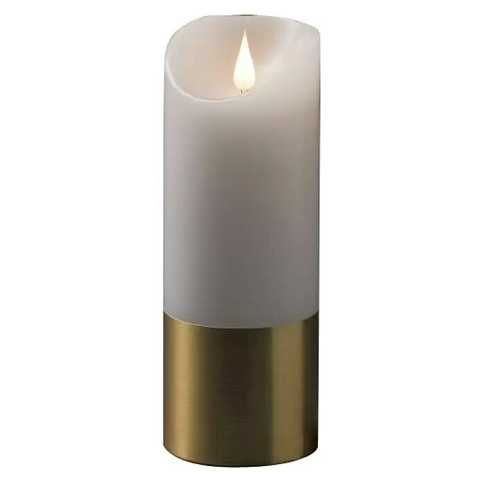 Konstsmide LED-Weihnachtskerzen - Gold, Weiß, Lichtfarbe: Warmweiß, 1 Stk. - Weiße flammenlose LED-Kerze mit flackernder Flamme und messingfarbenem Metallsockel.