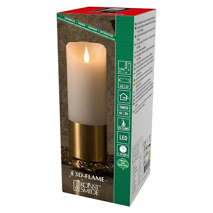 Konstsmide LED-Weihnachtskerzen - Gold, Weiß, Lichtfarbe: Warmweiß, 1 Stk. - Weiße LED-Kerze mit Messingsockel auf der Verpackung, mit 3D-Flammeneffekt und Timerfunktion für den Innenbereich.