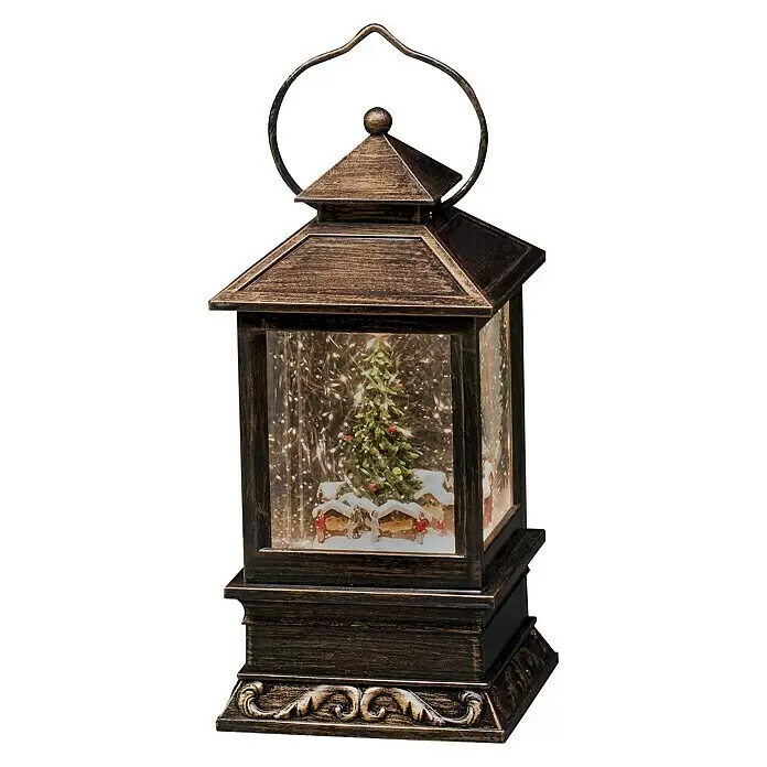 Konstsmide LED-Schneelaterne Weihnachtsmarkt - Innen, Braun, 10,5 x 10,5 x 22 cm, Batteriebetrieben - Bronze-Laterne mit festlicher Weihnachtsszene: beleuchteter Baum, schneebedeckte Häuser und Figuren.