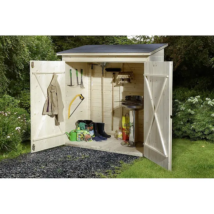 Weka Geräteschrank 361 - Außenmaß inkl. Dachüberstand (B x T): 173 x 105 cm, Holz, Natur - Offener Gartenschuppen mit Gartengeräten. Der Schuppen ist mit einer Vielzahl von Werkzeugen und Geräten für die Gartenarbeit ausgestattet.