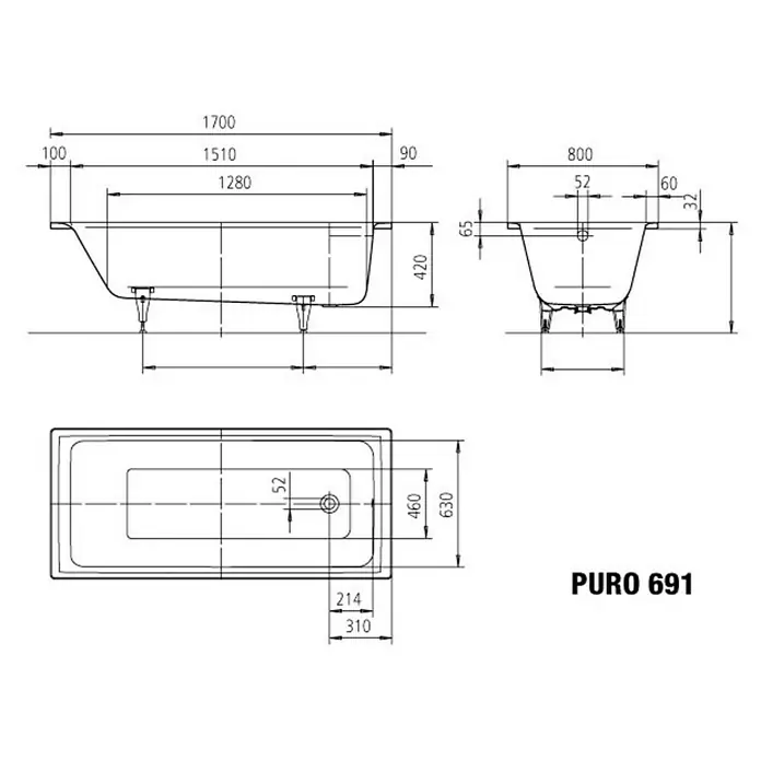 Kaldewei Badewanne Puro Star 691 - 170 x 80 cm, Stahl-Email, Alpinweiß - Abbildung der PURO 691 Badewanne mit technischen Details und Maßen für die Installation.