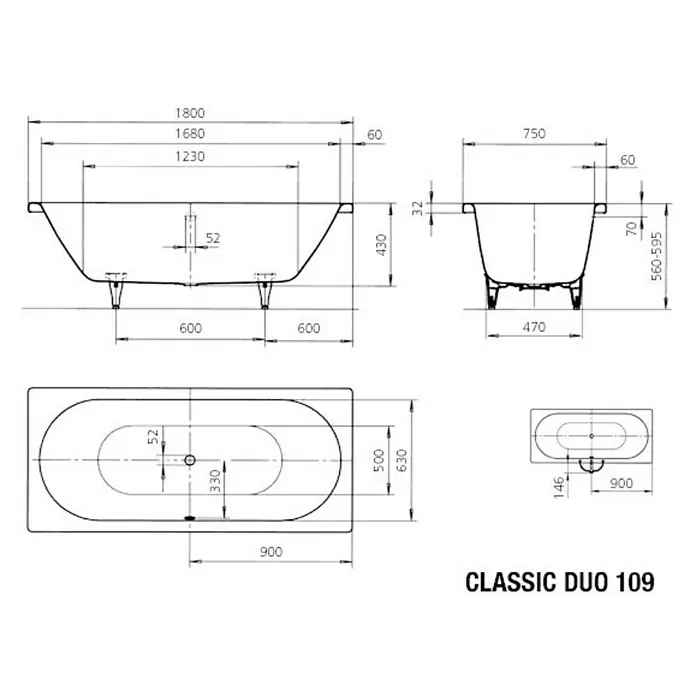 Kaldewei Badewanne Classic Duo 109 - 180 x 75 cm, Stahl-Email, Alpinweiß - Technische Zeichnung einer freistehenden Badewanne "Classic Duo 109" mit Maßen und Ansichten von oben, vorne und der Seite.