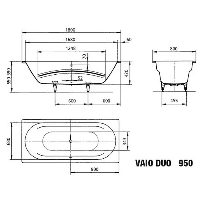 Kaldewei Badewanne Vaio Duo 950 - 180 x 80 cm, Stahl-Email, Alpinweiß - Technische Zeichnung des VAIO DUO 950 Bades mit Maßangaben für Planung und Installation.