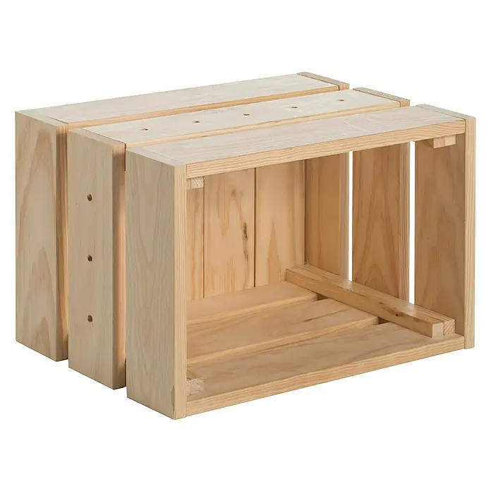 Astigarraga Home Box Holzkiste - L x B x H: 28 x 38,4 x 25,6 cm, Kiefernholz - Ein Stapel von zwei hölzernen Aufbewahrungskisten, die aus hellem, unbehandeltem Holz gefertigt sind und viel Stauraum bieten.