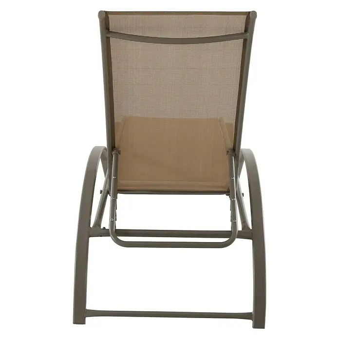 Sunfun Tumbona de jardín Ikara - 63 x 198 x 28 cm, Marrón, Acero, Respaldo regulable - Vista trasera de una elegante tumbona con marco de bronce y tela marrón, ideal para relajarse al aire libre.