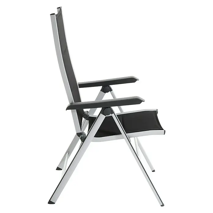 MWH Sillón de posiciones Futosa - 62 x 67,5 x 111 cm, Gris/Blanco, Aluminio/Textiline, Respaldo regulable - Imagen de una silla de camping con estructura de aluminio y reposabrazos negros, ideal para actividades al aire libre.