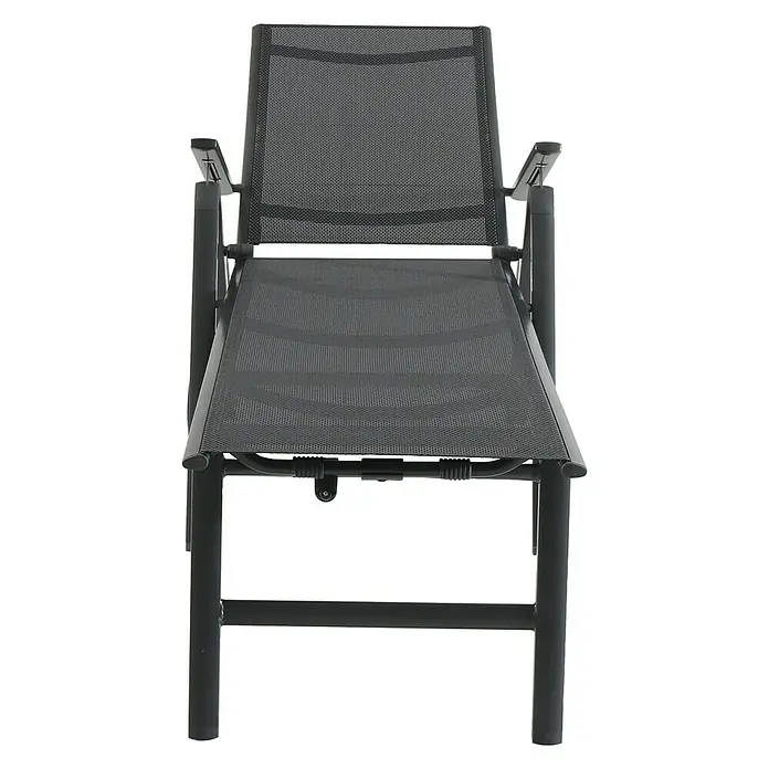 Sunfun Maja Tumbona de jardín - Antracita, Metal, Barra antivuelco - Fotografía de una tumbona negra con reposabrazos y tejido de malla para el asiento y el respaldo sobre un fondo blanco.