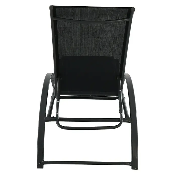 Sunfun Tumbona de jardín Ikara - 63 x 198 x 28 cm, Negro, Acero, Respaldo regulable - Vista posterior de una tumbona negra con estructura metálica y malla transpirable para una relajación cómoda al aire libre.