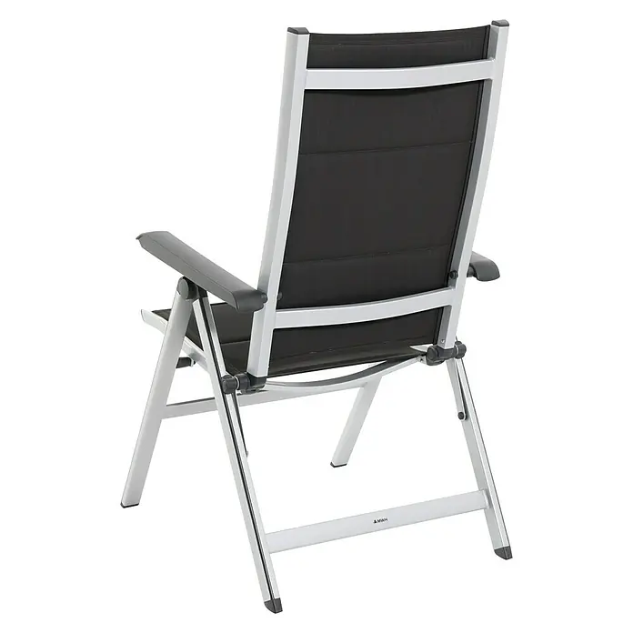 MWH Sillón de posiciones Futosa - 62 x 67,5 x 111 cm, Gris/Blanco, Aluminio/Textiline, Respaldo regulable - Vista trasera de una silla de jardín de aluminio con reposabrazos y tapicería textil negra para uso exterior.