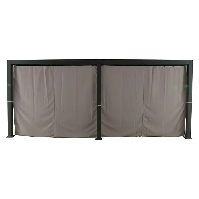 Sunfun Pérgola estándar Palma - An x Pr: 300 x 540 cm, Color del armazón: Antracita, Aluminio - Una cortina de pérgola gris cuelga de un marco negro, ideal para agregar protección y privacidad extra a cualquier espacio exterior.