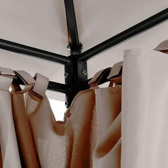 Sunfun Carpa con laterales Dominica - An x Pr: 296 x 396 cm, Color del techo: Beige - Primer plano del marco robusto de la glorieta y las cortinas elegantes.