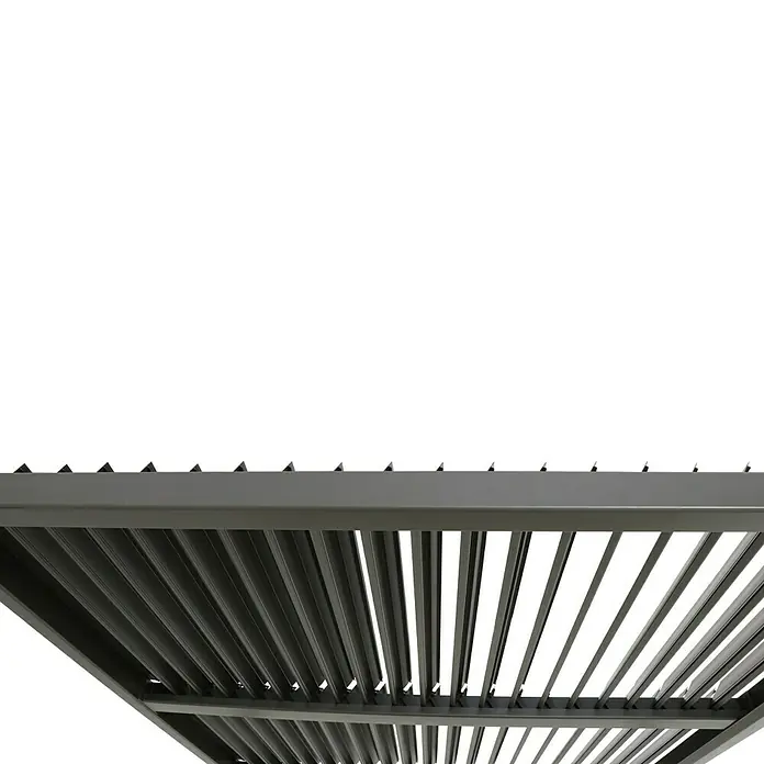 Sunfun Pérgola estándar Palma - An x Pr: 300 x 256 cm, Antracita, Aluminio - Primer plano de una moderna cubierta de patio gris con listones, que proporciona sombra y destaca el diseño.