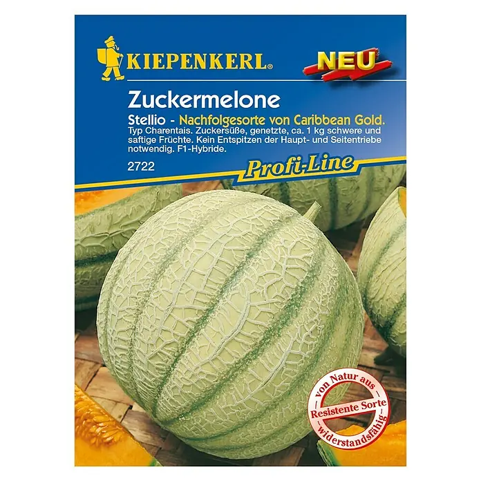 Kiepenkerl Profi-Line Obstsamen Zuckermelone - Cucumis melo, Erntezeit: Juli - Abbildung der "Stellio"-Zuckermelone von Kiepenkerl, einer resistenten und süßen Sorte.