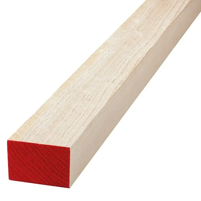 Dachlatte S10 - 400 x 5 x 3 cm, Fichte - Nahaufnahme eines Kantholzes mit roter Markierung, das für Bauprojekte oder Bastelarbeiten verwendet werden kann.