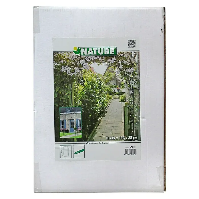 Nature Rosenbogen - 114 x 38 x 229 cm, Schwarz - Das Bild zeigt einen Karton mit einer Abbildung eines Nature Gartenbogens, der mit Pflanzen bewachsen ist, inklusive Größenangaben.