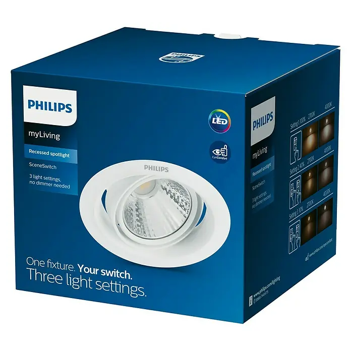 Philips Downlight empotrable LED redondo Pomeron - 5 W, Ø x Al: 9 x 6,7 cm, Blanco, Blanco neutro - La imagen muestra un embalaje para un foco empotrable LED Philips MyLiving con tres configuraciones de luz, operable sin un regulador.