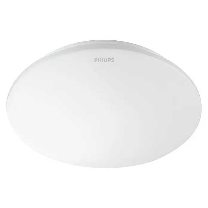 Philips Plafón LED redondo Moire Gen II - 6 W, Ø x Al: 225 mm x 6,8 cm, Blanco, Blanco neutro - Primer plano de una lámpara de techo redonda blanca de Philips, que muestra un diseño brillante y moderno para interiores.