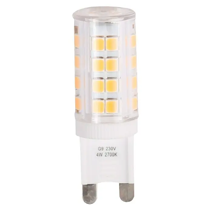 Garza Bombilla LED - G9, No regulable, Blanco cálido, 300 lm, 3,5 W - Primer plano de una bombilla LED G9 4W 2700K con base de pines, que emite luz blanca cálida, destacando su eficiencia energética.