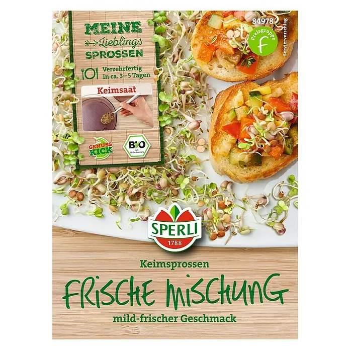 Sperli Gemüsesamen Keimsprossen - Frische Mischung, Verschiedene Sorten, Erntezeit: Ganzjährig - Produktabbildung der "Frische Mischung" Keimsprossen von Sperli 1788, eine milde und frische Geschmacksrichtung für Sprossenliebhaber.