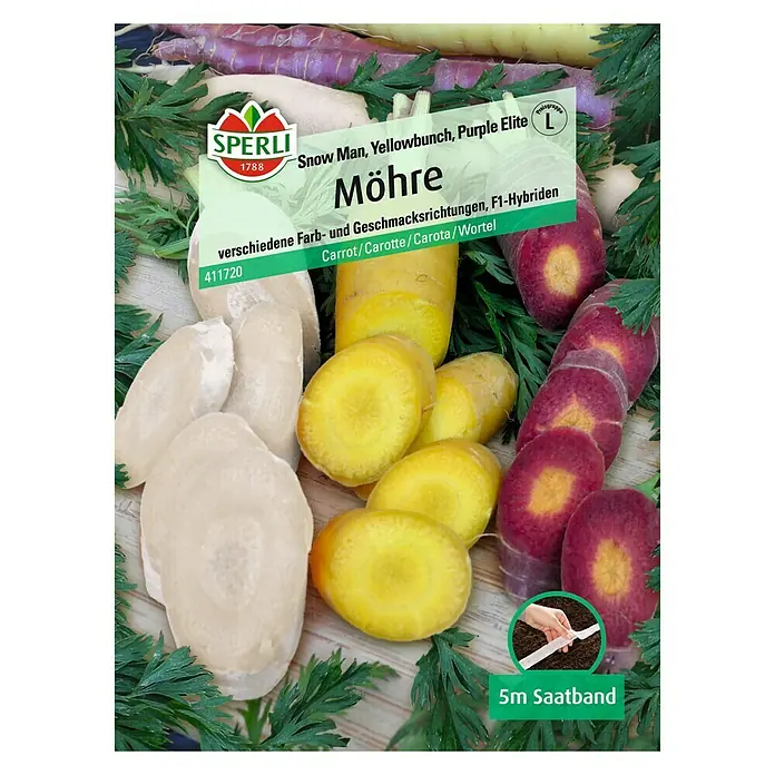 Sperli Gemüsesamen Möhre Snowman, Yellowbunch & Purple Elite - Snow Man/Yellowbunch/Purple Elite, Daucus carota, Erntezeit: Juli - Möhre Saatband von Sperli mit verschiedenen Farben. Ideal für den Garten.