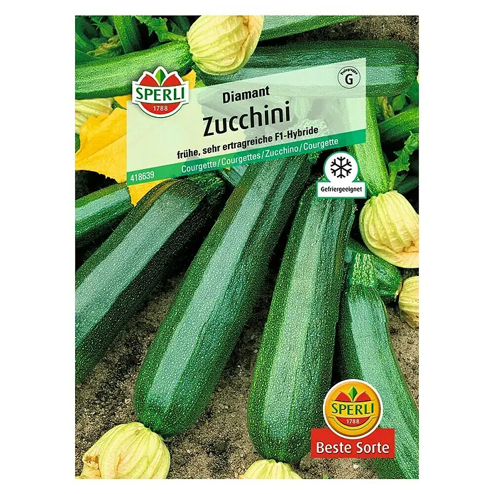Sperli Gemüsesamen Zucchini - Diamant, Cucurbita pepo, Erntezeit: Juni - Samentüte für "Diamant Zucchini", eine frühe und ertragreiche F1-Hybride, ideal zum Anbau von frischen Zucchinis.
