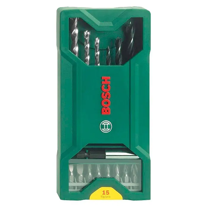Bosch Taladro percutor UniversalImpact 700 + set X-Line - 700 W, Número de revoluciones de marcha en vacío 1ª marcha: 3.000 r.p.m., Número máx. de impactos: 45.000 /min - Un juego de brocas y puntas de 15 piezas Bosch de color verde, ideal para proyectos de bricolaje. Herramientas precisas y duraderas para usos versátiles.