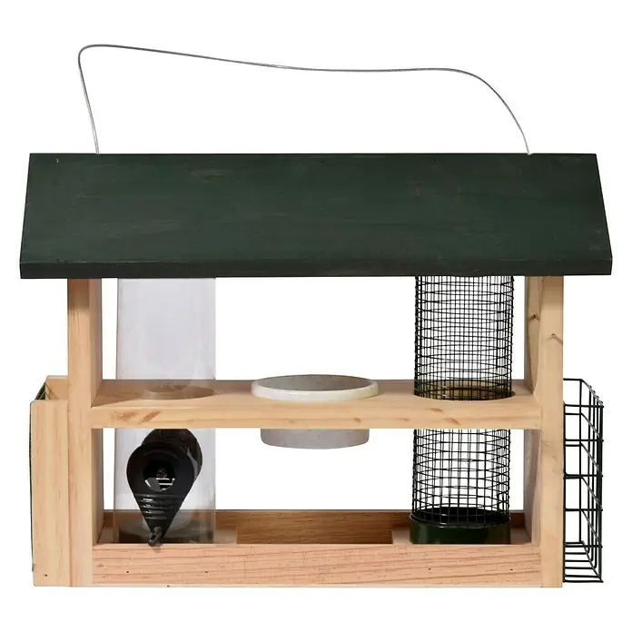 Dobar Futterstation 7-in-1 - 39 x 19 x 29 cm, Natur/Grün - Ein detailreiches Bild eines rustikalen Holz-Vogelhauses mit grünem Dach, das verschiedene Futterstellen für Wildvögel bietet.