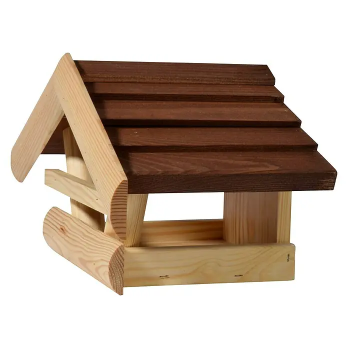 Dobar Vogelfutterhaus zum Aufhängen - L x B x H: 36 x 20 x 20 cm, Natur/Braun, Holz - Dieses Bild zeigt ein hölzernes Vogelhaus mit einem braunen Dach und hellen Holzdetails, das eine natürliche und einladende Optik bietet.
