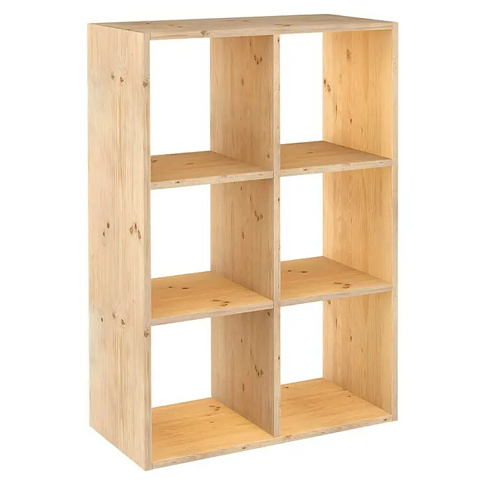 Astigarraga Dinamic Estantería de madera - Al x An x Pr: 105,4 x 70,8 x 33 cm, Capacidad de carga por balda: 50 kg, Número de baldas: 4 ud., Atornillado, Natural - Esta imagen muestra una estantería de madera sencilla con seis compartimentos, ideal para el almacenamiento y organización de artículos en toda la casa.