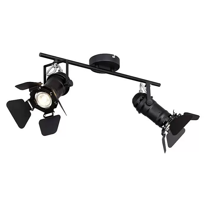 Globo Regleta Egon - 100 W, Negro, GU10 - Foco de techo negro de dos luces con aletas ajustables, una luz encendida.