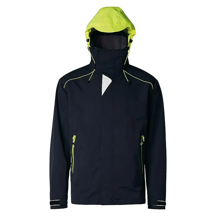 Marinepool Segeljacke Borneo - S, Herren, Schwarz - Eine dunkelblaue Regenjacke mit neon-gelber Kapuze und reflektierenden Details für bessere Sichtbarkeit.