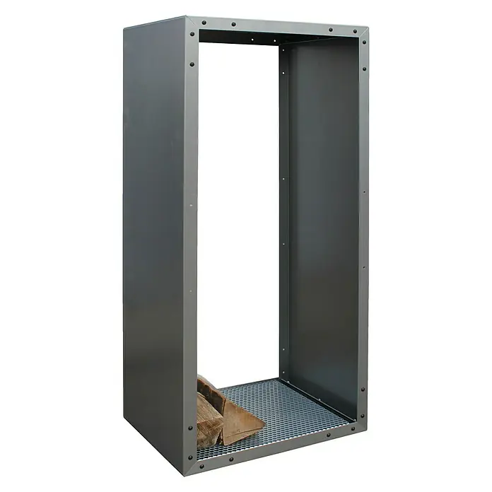 Palatino Exclusive Line Kaminholzregal Woodpecker - 55 x 40 x 120 cm, Stahl, Edelrost - Metall-Kaminholzregal in Grau mit Gitterboden und einigen Holzscheiten. Ideal zur Kaminholzaufbewahrung.