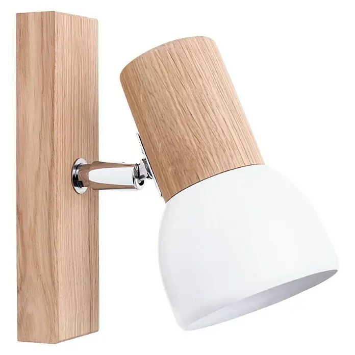Spotlight Deckenstrahler Svenda - 60 W, L x B x H: 15 x 9 x 15 cm, Eiche, E27 - Nahaufnahme einer modernen Wandleuchte aus Holz und weißem Metall mit verstellbarem Spot.