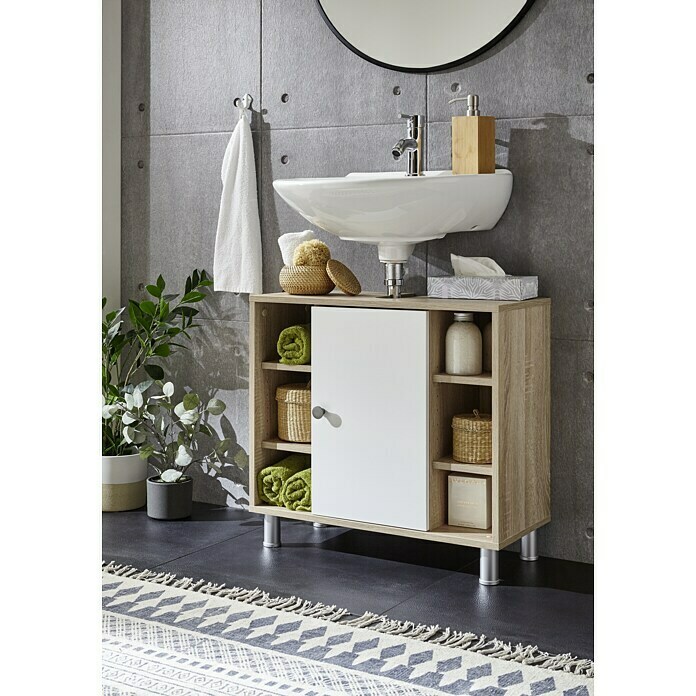 Riva Mueble de lavabo (30 x 65 x 60 cm, Réplica de roble de Sonoma, Blanco)
