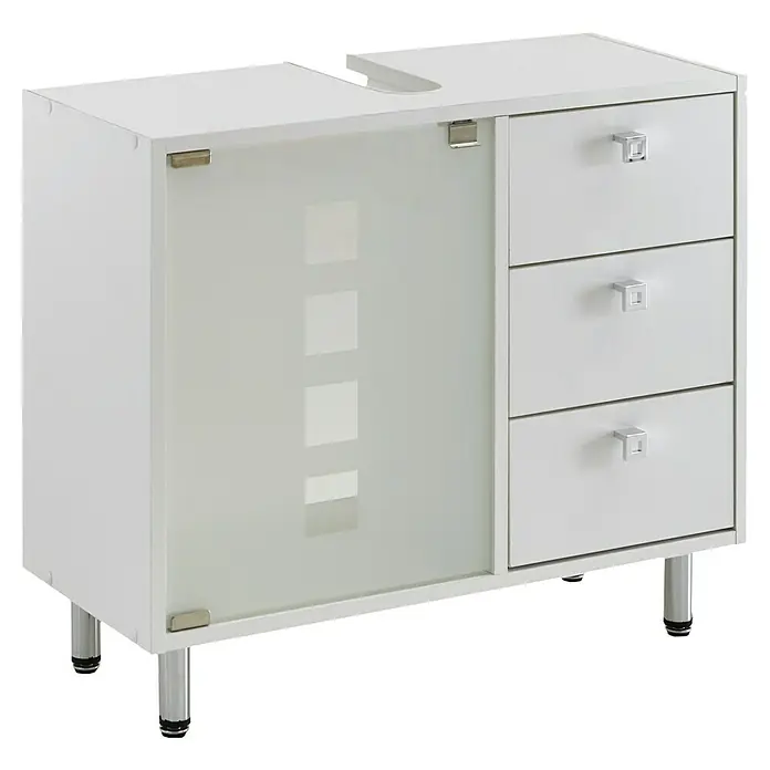 Riva Waschtischunterschrank Quadro - 67 x 29,5 x 58,5 cm, Weiß, Matt - Elegantes Waschbeckenunterschrank mit Milchglastür und drei Schubladen mit quadratischen Griffen, ideal für moderne Badezimmer.