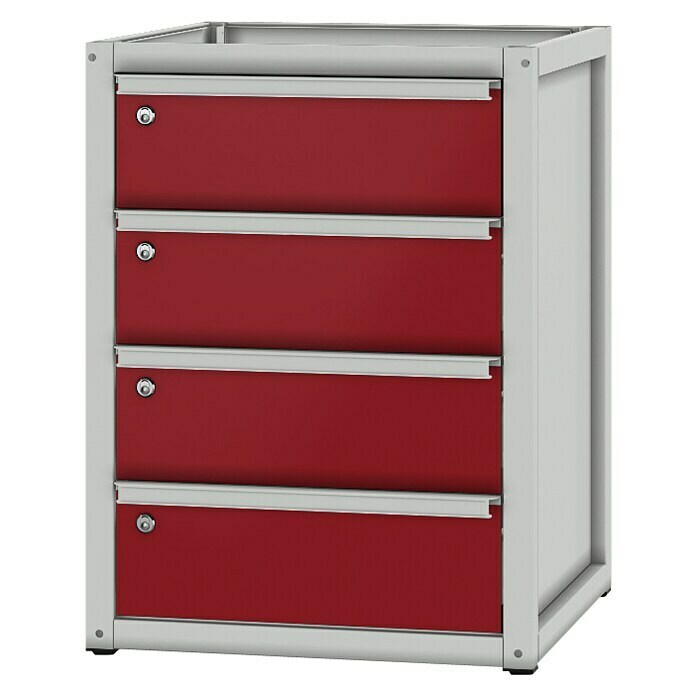 Pador Werkbank-Unterschrank Typ 41 S3 (L x B x H: 605 x 605 x 815 mm, Anzahl Schubladen: 4, Lichtgrau/Rubinrot)